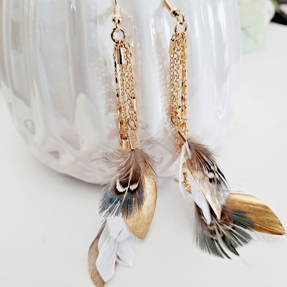 Women's long boho Gold tassel drop multicolor feather earrings 2/$30 - Picture 8 of 12